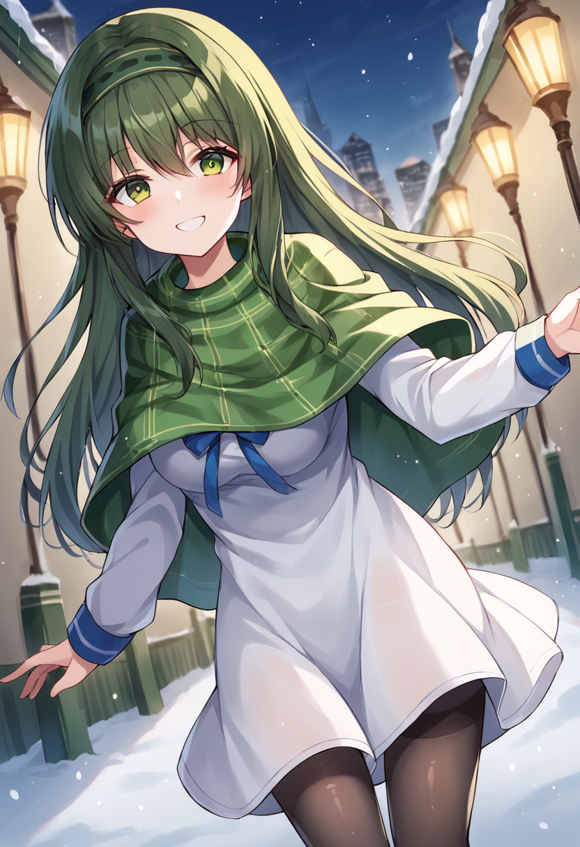 score_9,score_8_up,score_7_up,source_anime,masterpiece,best quality,1girl,solo,dynamic_angle,tsukisuzu_shirona,green eyes,green hair,long hair,green hairband,dress,sailor dress,school uniform,long sleeves,pantyhose,plaid,white dress,black pantyhose,green capelet,<lora:shirona:1>,looking_at_viewer,cowboy_shot,smile,night,new year,snow,standing,city,