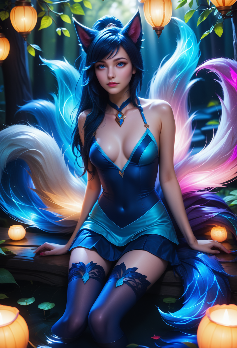 bluefoxeij sitting, river,, forrest, moonlight, dimmed light <lora:BlueFoxeijPONY-000002:1>