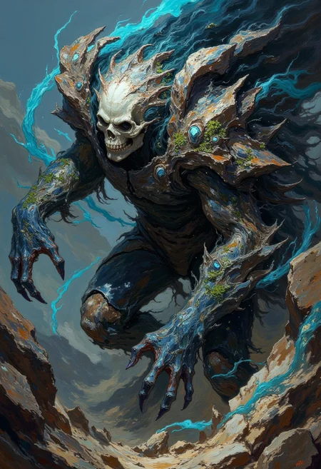 detailed photorealistic image, closeup portrait of (evil (undead) (stone being:0.7), (golem:0.9), corrupted, hovering stones and dirt forming the rough shape of a (human:0.7), (hair:0.2), corrupted grey (skin:0.7) made of dirty-stone, (lichen:0.4), horror, (stone ((geode)) skull:0.4), (obsidian:0.3), flowing with (grey:0.3) magic, magical lichen, swirling transparent dark blue magic, stone skeleton, dramatic angle, (extreme angle shot), epic fantasy, (hands:0.7) and (legs:0.7) made of rocks, (head:0.4) made of geode, close-up, (oil painting), in (ukiyo-e style:0.8), (by Edgar Degas:1.1), (by Pierre-Auguste Renoir:0.7), (by Claude Monet), (by Vincent Van Gough:1.2), directional lighting, masterpiece, perfect composition,