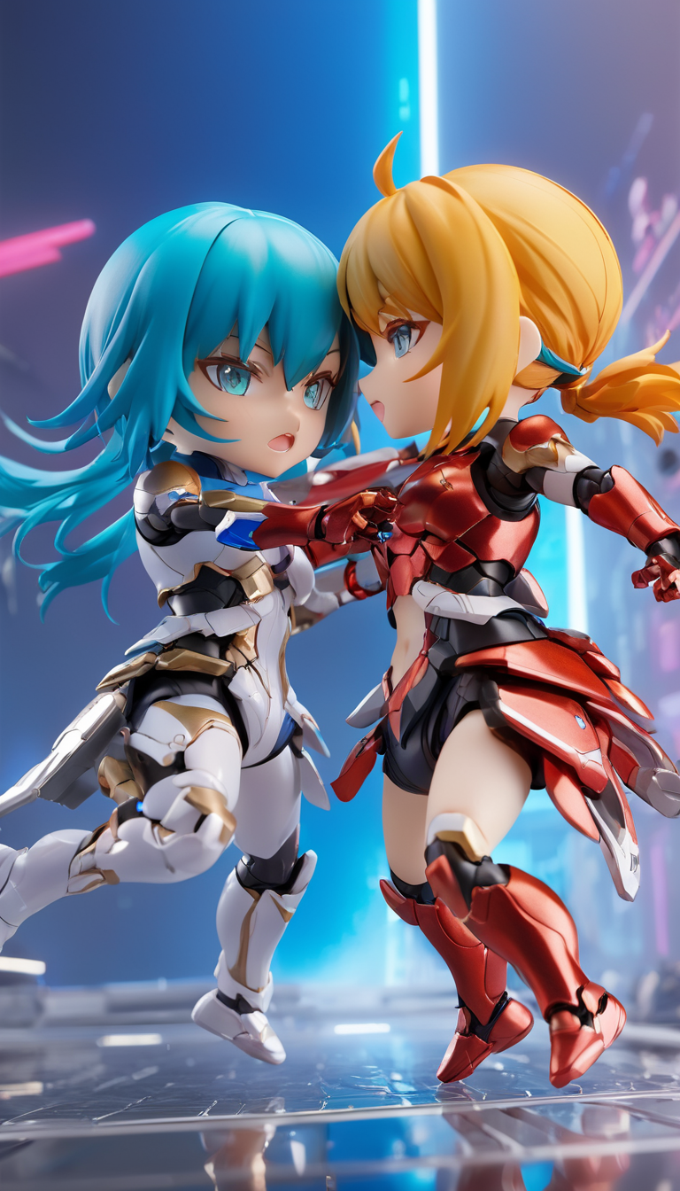 Cinematic scene, hero view, two females fighting each other, action pose, energy weapons, vivid, colorful, sci-fi, detailed background, masterpiece, best quality, high quality, highres, absurdres, photo realistic, nendoroid <lora:nendoroid_xl_v4:1>