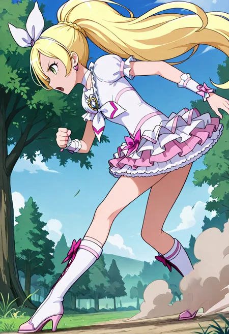 masterpiece, best quality, absurdres, very aesthetic, general,
cure rhythm, blonde hair, knee boots, pink bow, wrist cuffs, white choker, frills, hair ribbon, eyelashes, grass, open mouth, tree, day, ponytail, hair bow, outdoors, cloud, white footwear, white dress, running, battle, very long hair, green eyes, kneehighs, puffy sleeves, petticoat, brooch, frilled skirt, blue sky, wind, dust, heart earrings, dust cloud, single braid, standing, full body, profile, floating hair, legs, :o, serious, short sleeves, frilled dress, fighting stance, dutch angle, white legwear, angry, nature, thighhighs, anime coloring, layered skirt, forest, high ponytail, white skirt
<lora:cure_rhythm_minamino_kanade_illustXL_locon_v1:0.7>