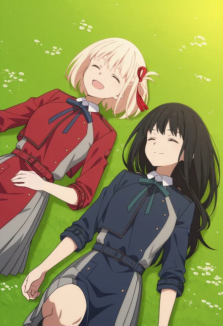 <lora:Chisato&Takina_Illustrious-000056:1>,
Chisato NISHIKIGI,
Takina INOUE,
closed mouth,cowboy shot,2girls,outdoors,in a meadow,knee up,smile,open mouth,closed eyes,blonde hair,black hair,lying,from_above