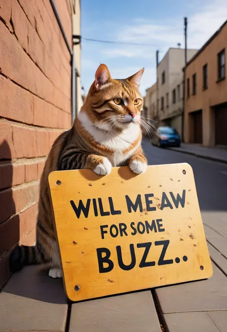 cat, board,text, big board with text,("Will meow for some buzz":1.4), outdoors, poor, street, by wall holding board on his paws, from above of face, high angle, 8k, ultra detailed, cinematic