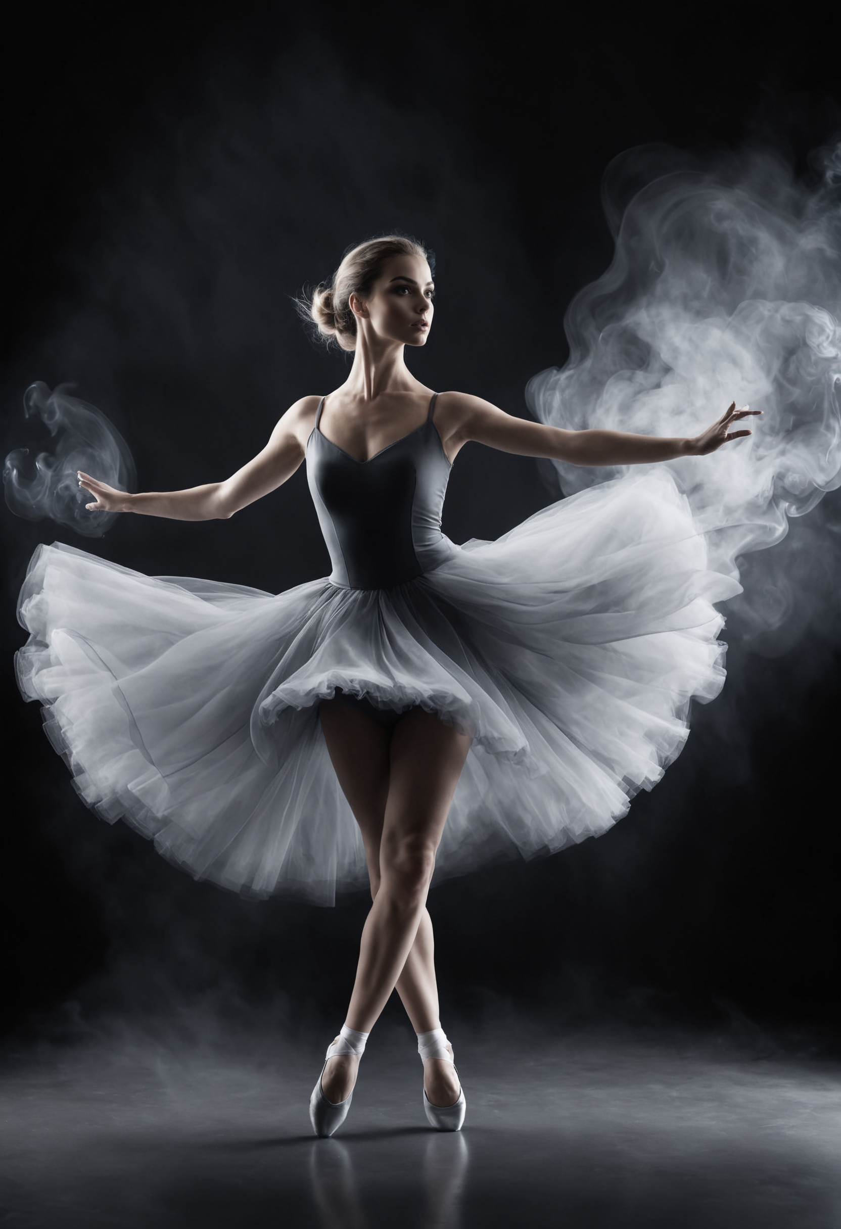 ,Studio shoot with a( Dancing Balarina in a dress made of smoke:1.1), sensual body emphasized by lightrays, b&w <lora:Neutral_Light-Rays_XL:0.4> <lora:Smoke_XL:0.3> smoke