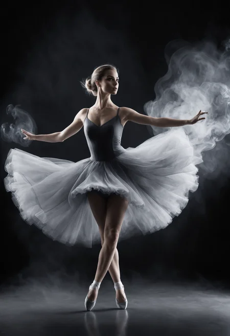 ,Studio shoot with a( Dancing Balarina in a dress made of smoke:1.1), sensual body emphasized by lightrays, b&w <lora:Neutral_Light-Rays_XL:0.4> <lora:Smoke_XL:0.3> smoke