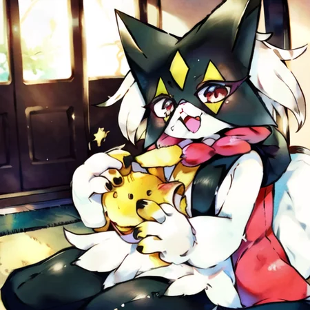meowscarada, eating a hamburger, nom hamburger, yellow fur, <lora:HamburgeranimeV1:0.6>,  half bitten, inside, home, cheese, two hands, cute face,t, smile, open mouth, solo,   <lora:Meowscarada:1>