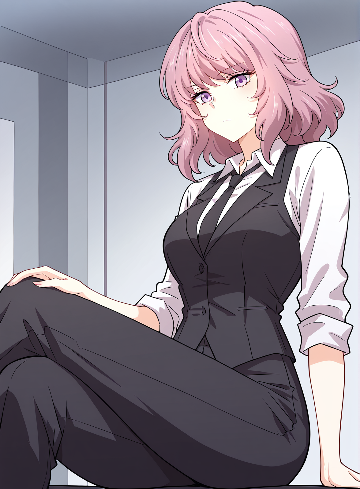 <lora:Immortal_Swordsman_In_The_Reverse_World__Chu_Xiao:1>
1 girl, solo, medium hair, wavy hair, pink hair, purple eyes, 
white collared shirt, black vest, black dress pants, black necktie, office outfit, sleeves rolled up, formal clothing,
(Anime_source),Masterpiece,(perfect female body:1.2), small waist,(incredibly detailed:1.4), slim, looking at viewer, sitting, crossed legs