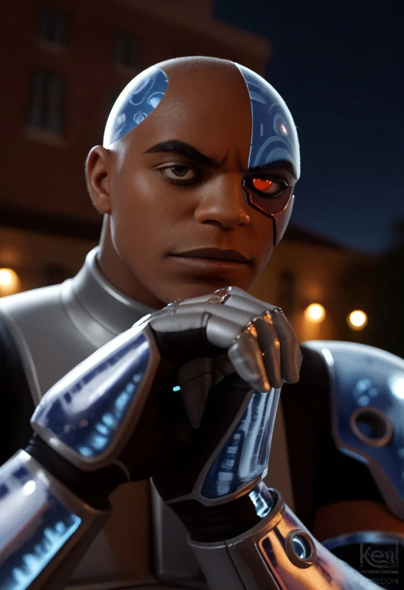 score_9, score_8_up, score_7_up,  (zPDXL3), realistic, cinematic 3d, high quality, photorealistic, best quality, ultra detailed, source_photography, Photo_RAW, closeup, portrait, victorcyborg, 1boy, dark skin, armor, bald, gloves, red eyes, he is a damaged terminator with half the face damaged, henshin pose, night, in a park, half robot face,