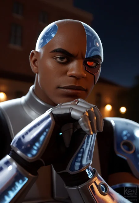 score_9, score_8_up, score_7_up, (zPDXL3), realistic, cinematic 3d, high quality, photorealistic, best quality, ultra detailed, source_photography, Photo_RAW, closeup, portrait, victorcyborg, 1boy, dark skin, armor, bald, gloves, red eyes, he is a damaged terminator with half the face damaged, henshin pose, night, in a park, half robot face,