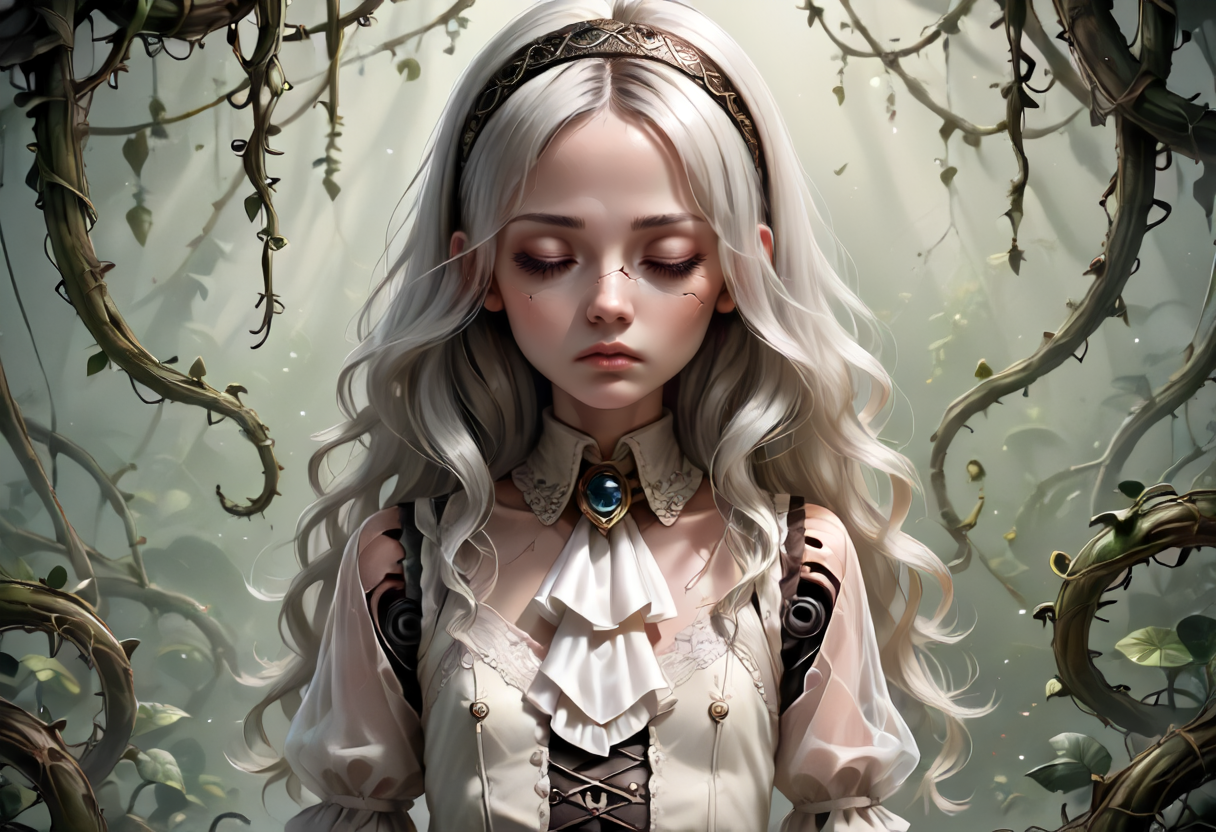 score_9,score_8_up,score_7_up,score_6_up,score_5_up,score_4_up,<lora:Anime_Style_For_Pony:0.5>,source_anime,perfect eyes,1girl,amputee,ascot,brooch,closed eyes,cracked skin,doll,doll joints,expressionless,eyelashes,flat chest,hair spread out,hairband,jewelry,joints,lace,long hair,pale skin,plant,quadruple amputee,see-through clothes,see-through sleeves,vines,wavy hair,raytracing, shadow deep