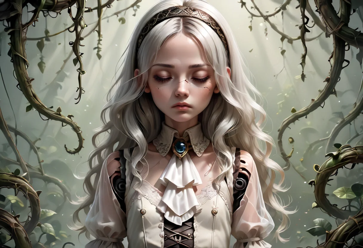 score_9,score_8_up,score_7_up,score_6_up,score_5_up,score_4_up,<lora:Anime_Style_For_Pony:0.5>,source_anime,perfect eyes,1girl,amputee,ascot,brooch,closed eyes,cracked skin,doll,doll joints,expressionless,eyelashes,flat chest,hair spread out,hairband,jewelry,joints,lace,long hair,pale skin,plant,quadruple amputee,see-through clothes,see-through sleeves,vines,wavy hair,raytracing, shadow deep
