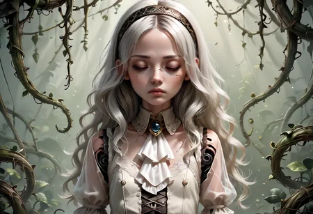score_9,score_8_up,score_7_up,score_6_up,score_5_up,score_4_up,<lora:Anime_Style_For_Pony:0.5>,source_anime,perfect eyes,1girl,amputee,ascot,brooch,closed eyes,cracked skin,doll,doll joints,expressionless,eyelashes,flat chest,hair spread out,hairband,jewelry,joints,lace,long hair,pale skin,plant,quadruple amputee,see-through clothes,see-through sleeves,vines,wavy hair,raytracing, shadow deep
