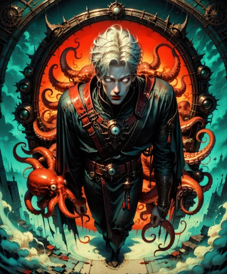 (score_9, score_8_up, score_7_up, fantasy portrait, 1boy, male focus, mist, dutch angle, correct anatomy, above angle, pale skin, white hair, full-length, hidden eyes, his eyes in shadow, glowing eyes, white eyes, chaotic, ethereal setting, fantasy background, red lips, <lora:octopus_v0.2-pony:0.8> octopus, <lora:GRIM_v1:0.5> limited palette, <lora:Dorohedoro_Style:0.3> drhdr_style, <lora:add-detail-xl:0.8> all, Lovecraft, masterpiece, best quality, absurdres, newest, perfect quality, detailed background, intricate details,