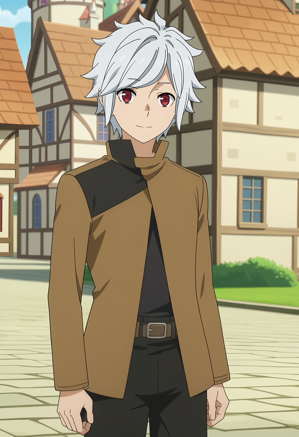 score_7_up, anime screencap,
<lora:DanMachi_BellCranelXL:0.9>,
1boy, solo, closed mouth, light smile,
short hair, grey hair, red eyes,
BellCranel, high collar, brown jacket, black shirt, long sleeves, black pants, brown belt, belt buckle,
standing, looking at viewer,
town, medieval, blurry background