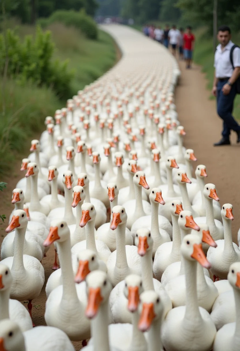 A photograph capturing a massive flock of white geese walking in a tightly packed formation, stretching from the foreground to the background. The camera is positioned slightly above the geese, providing a clear and detailed view of their uniform white feathers and vibrant orange beaks. 
The geese are aligned in a dynamic, flowing formation, creating a sense of movement as they march forward. The image's focus is sharp in the foreground, gradually softening as it extends into the distant background, where a few human figures are faintly visible, adding scale and perspective.
The setting appears to be an outdoor environment with greenery on the edges and a dirt path beneath the geese, providing a natural and earthy contrast to the vivid white and orange tones of the flock. The lighting is soft and diffused, emphasizing the texture of the feathers and the vividness of the beaks without creating harsh shadows.
The overall composition is slightly asymmetrical, with the path curving gently through the scene, enhancing the sense of depth and natural flow. This image conveys a sense of energy, unity, and natural beauty in an outdoor setting.