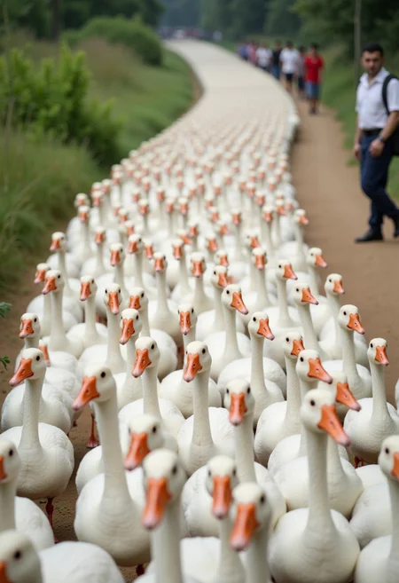A photograph capturing a massive flock of white geese walking in a tightly packed formation, stretching from the foreground to the background. The camera is positioned slightly above the geese, providing a clear and detailed view of their uniform white feathers and vibrant orange beaks. 
The geese are aligned in a dynamic, flowing formation, creating a sense of movement as they march forward. The image's focus is sharp in the foreground, gradually softening as it extends into the distant background, where a few human figures are faintly visible, adding scale and perspective.
The setting appears to be an outdoor environment with greenery on the edges and a dirt path beneath the geese, providing a natural and earthy contrast to the vivid white and orange tones of the flock. The lighting is soft and diffused, emphasizing the texture of the feathers and the vividness of the beaks without creating harsh shadows.
The overall composition is slightly asymmetrical, with the path curving gently through the scene, enhancing the sense of depth and natural flow. This image conveys a sense of energy, unity, and natural beauty in an outdoor setting.