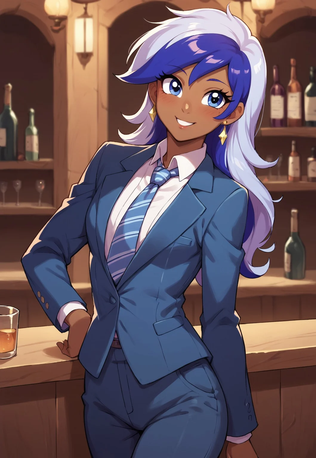 score_9, score_8_up, score_7_up, score_6_up, score_5_up, score_4_up, my little pony, ((humanized pony)), 1girl, ((solo)), Minuette, (elegant), beautiful, detailed, (detailed cute face), detailed clothing, streaked hair, blue eyes, (dark skin), long sleeves, (shirt and tie), necktie, striped tie, ((suit)), pants, earring, flirty, in a club, nightclub, at the bar, nighttime