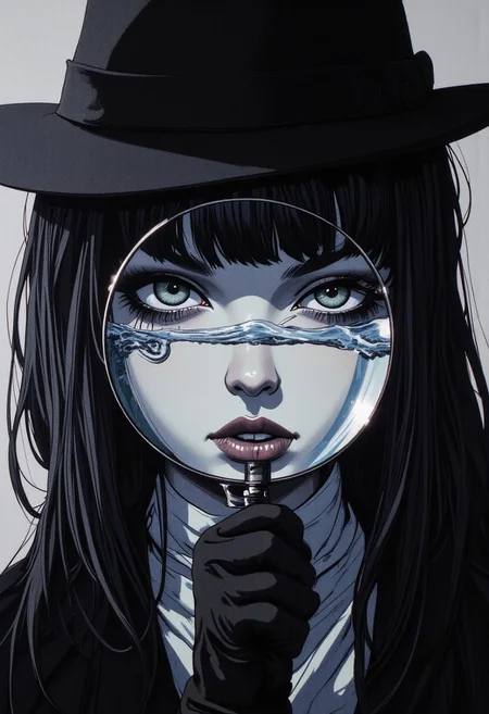 A pen and ink style expressionism painting. Portrait of a female detective scowling into a magnifying glass. The glass is crystal clear, showing a water portal through the glass. The detective is wearing a black suit and fedora that emanates her shadowy figure. 
Anime art of Detective draped in shadows with a lighting that enhances her unique features. Haunted house setting. Haunted expression, Haunted atmosphere. Ultra detailed artistic abstract. sbfte, de01, detail eyes, magic eyes, 8k.