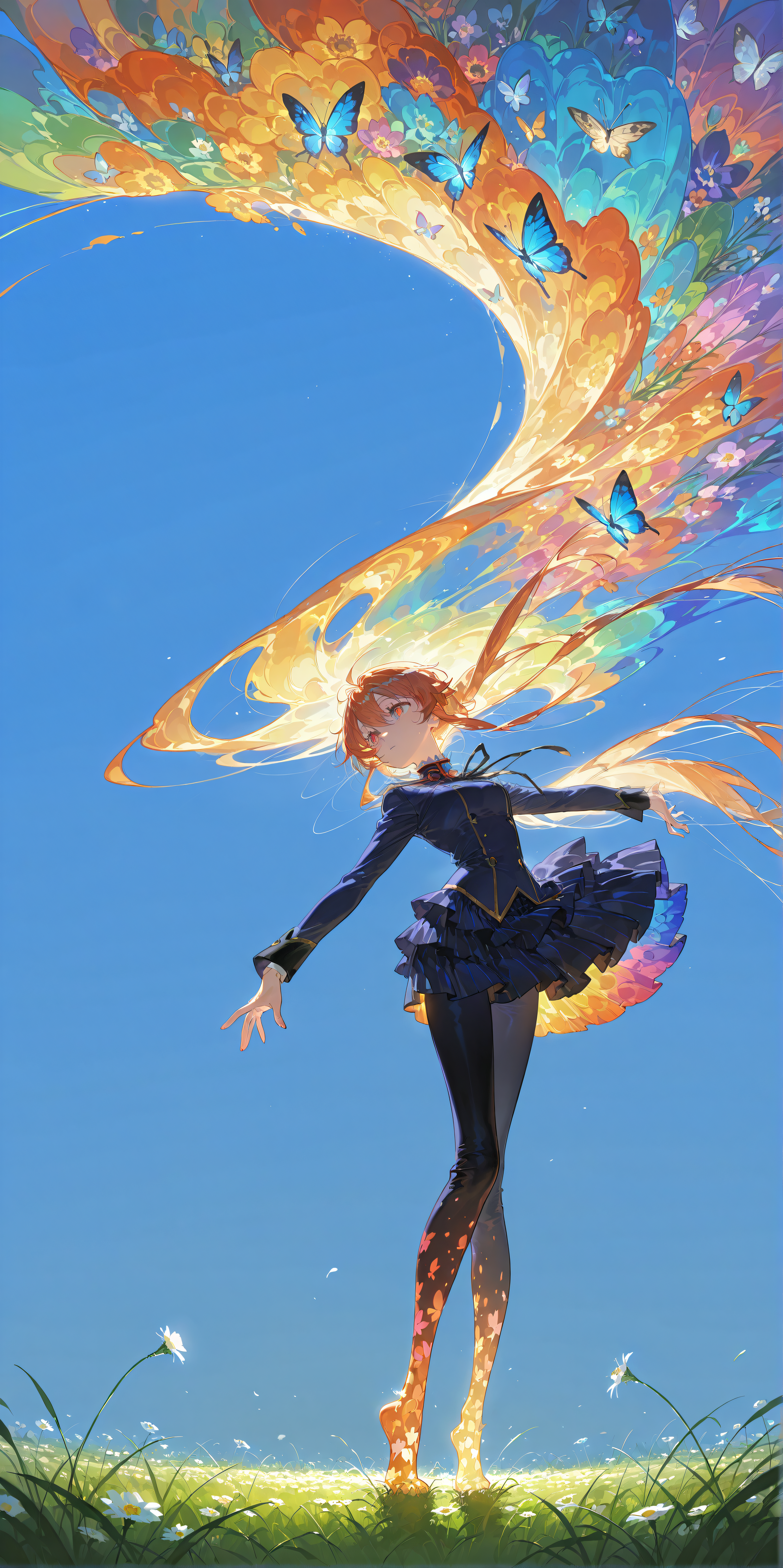 masterpiece, best quality, amazing quality, very aesthetic, absurdres,  newest, scene,
score_9, score_8_up, score_7_up,source_anime, 
(An endless field of colorful wildflowers spreads out beneath a cloudless blue sky, stretching to the horizon in every direction. Butterflies flit from flower to flower, accompanied by the buzzing of bees and the chirping of nearby crickets. A gentle breeze rustles through the tall stalks of grass, creating a mesmerizing wave-like effect that spreads throughout the field. In the distance, a grove of tall trees rises up against the horizon, providing a stark contrast to the sea of flowers.),
masterpiece, best quality, amazing quality, very aesthetic, absurdres,  newest, scene,