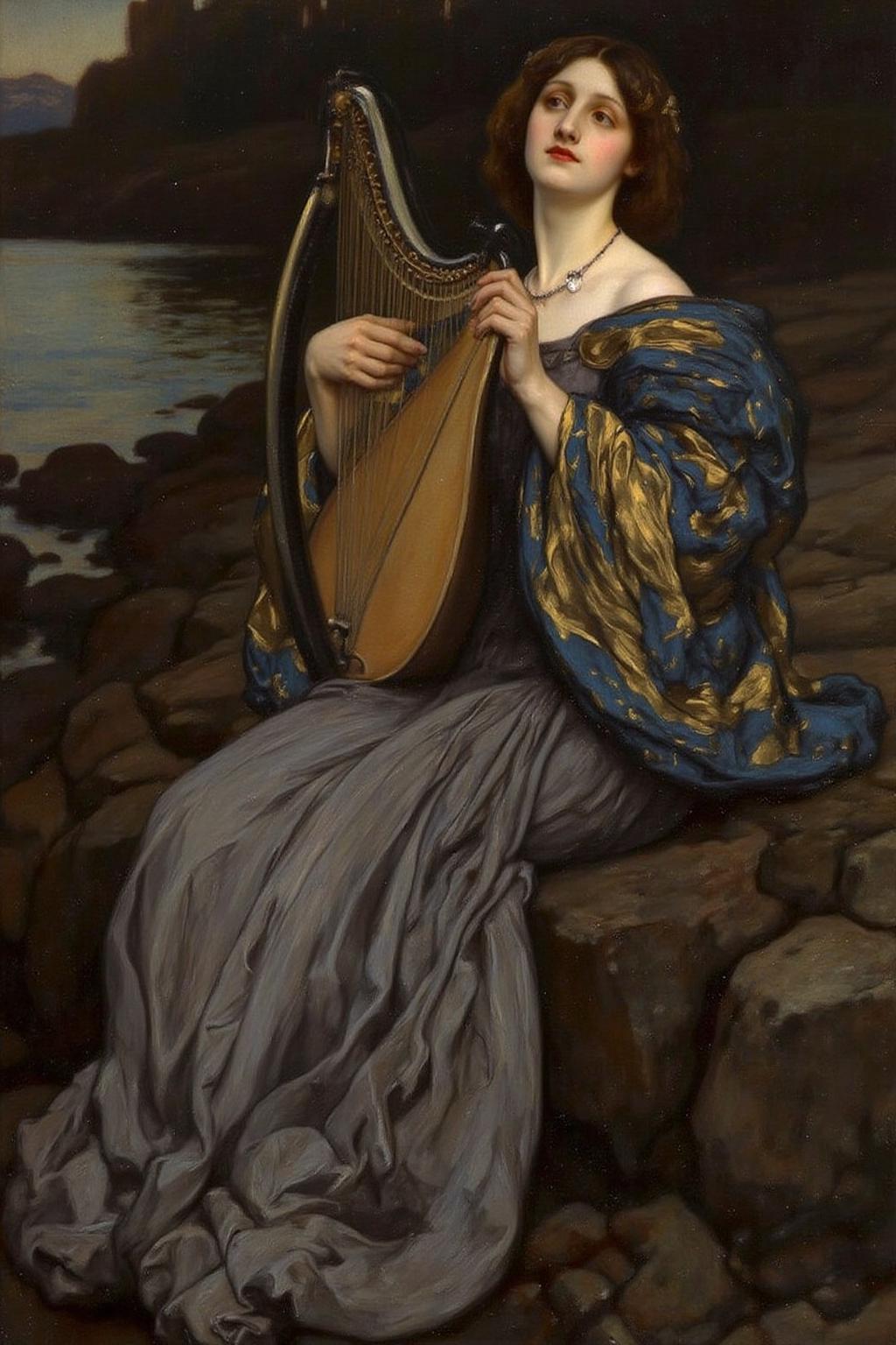 edwinabbey1 painting. 
jwwaterhouse1.
Side view of a woman seated by the rocky shore of a river, playing a lyre. She wears a flowing, richly textured gown in shades of deep blue and gold, her dark hair cascading around her shoulders. She is turning her head sideway and looking at the water below.  <lora:edwinabbey1_cap_d6a3:1.0><lora:837016335167906436:0>