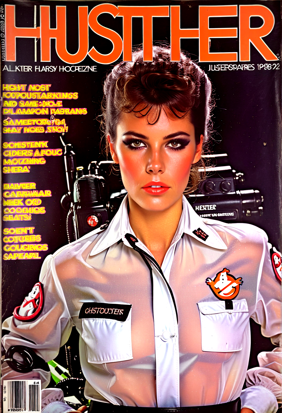 Cult Films hustler magazine cover,1girl wearing (Ghostbusters:1.1) uniform, sexy pose,  january 1982 ,upper body, masterpiece, (portrait:1.1),80s, natural face, ,,, Cult Films, often for cult following, quirky details, or underground cinema.