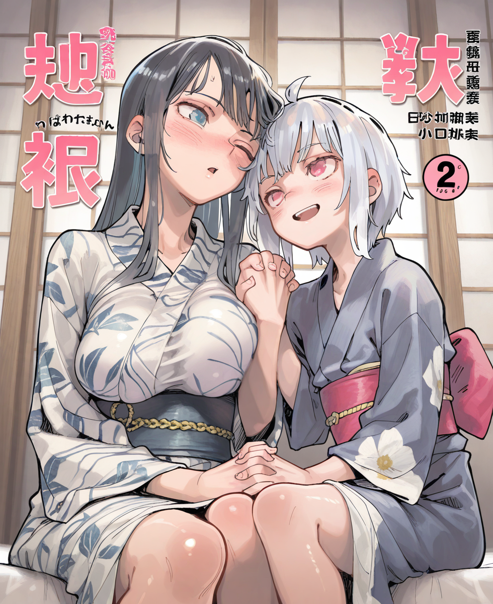<lora:uxycC:1> uxyc,
(masterpiece), (best quality), (ultra-detailed), amazing quality, very aesthetic, illustration, perfect composition, intricate details, absurdres, incredibly absurdres, shiny skin, realistic,
 uxyc, 2girls, multiple girls, one eye closed, japanese clothes, yuri, long hair, blue eyes, black hair,  hands, kimono, smile, breasts, cover, large breasts, red eyes, blush, short hair, white hair, sash, interlocked fingers, cover page, obi, open mouth, ahoge, sitting, indoors, age difference, grey hair, pink eyes, sensitive
