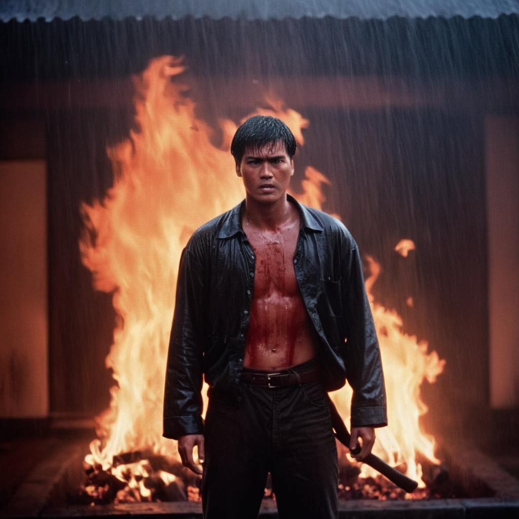 cinematic film still of  <lora:Hong Kong action cinema style:1>
 <lora:Kodak Motion Picture Film Style v4:0.3>
In the 1980's In Hong Kong China a man covered in blood standing in front of a fire with a creepy face in the rain,solo,looking at viewer,shirt,1boy,male focus,belt,pants,blurry,black shirt,blood,fire,rain,watch,realistic,wristwatch,bald,Asian,cinematic,action-themed,violence,aim,aiming,pointing,Kodak,Film style,movie style,film grain,film contrast,action packed,serious,stunt,Hong Kong action cinema style, shallow depth of field, vignette, highly detailed, high budget, bokeh, cinemascope, moody, epic, gorgeous, film grain, grainy