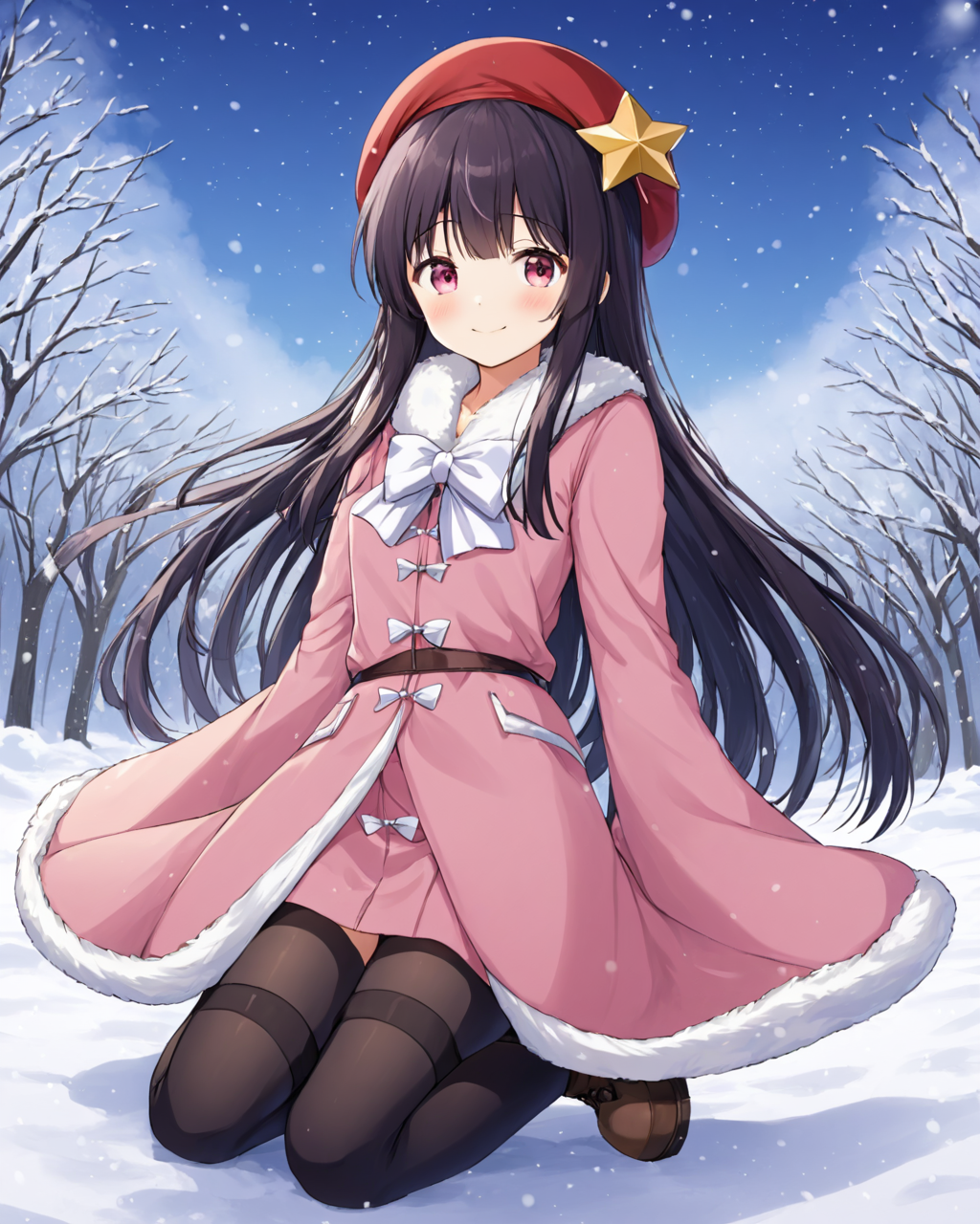 houraisan kaguya,1girl, solo, smile, fur_trim, looking_at_viewer, red_headwear, snow, outdoors, long_sleeves, snowing, boots, closed_mouth, thighhighs, wide_sleeves, blush, pink_coat, beret, tree, winter
<lora:houraisan_kaguya_image2025_2023-12-14:1>,star-shaped_pupils,symbol-shaped_pupils,. gorgeous,key visual, vibrant, studio anime,award-winning, professional, highly detailed,high budget, cinemascope