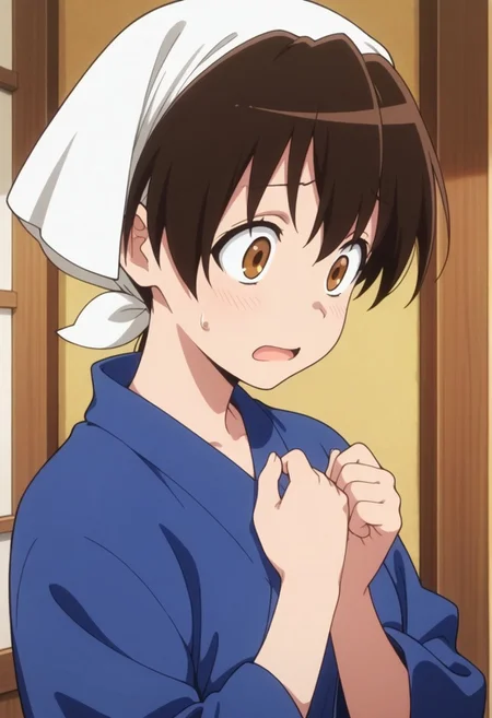 masterpiece,best quality,amazing quality, senke shinobu, brown hair, japanese clothes, blue kimono, brown eyes, 1girl, solo, open mouth, sweatdrop, kimono, head scarf, upper body