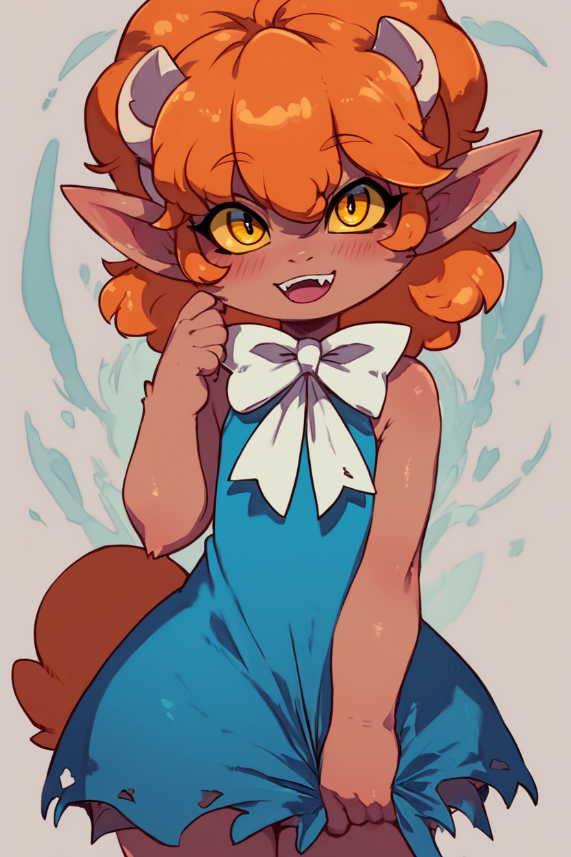 score_9, score_8_up, score_8,   BREAK, ,  ,,, <lora:WinnieWerewolf_PDXL:0.8>, zzWinnie, orange hair, pointy ears, 1girl, yellow sclera, yellow eyes, colored sclera, furry, colored skin, animal ears,   dress, bow, blue dress, white bow, bowtie ,,,  , BREAK, smile, looking at viewer, cowboy shot, ,,, embedding:zPDXL, Expressiveh, ,,, <lora:Zankuro_Style_PDXL:0.8> <lora:SDXLFaeTastic2400:0.5>, <lora:Expressive_H-000001:0.4>,