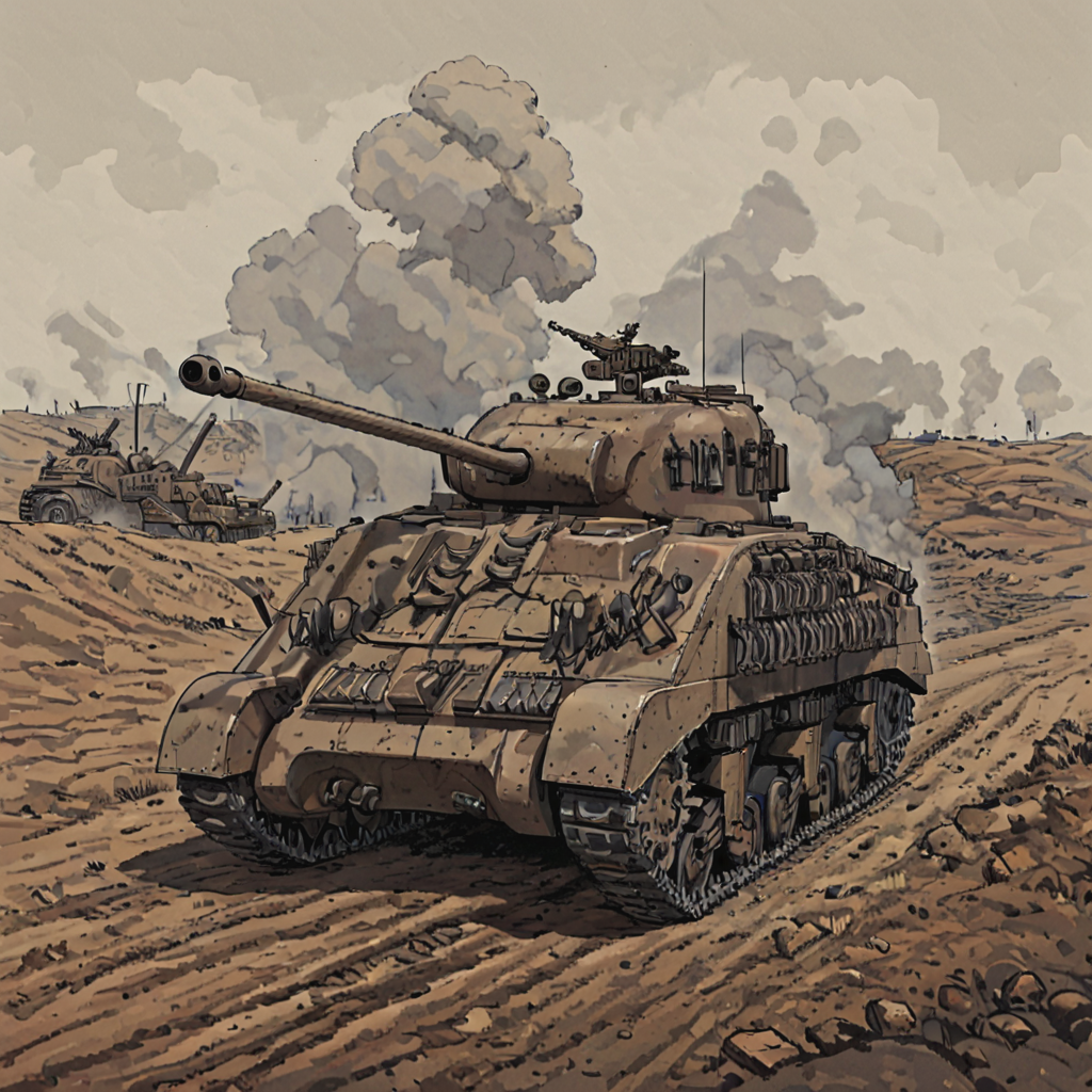 tank driving over a battlefield, crossing trenches and craters, mud, barbed wire, explosions, smoke, fog of war, rubble, frflytnk, vehicle focus  ((pulp_comic, heavy_lines, hand_drawn, hand_inked, hand_colored, apxlz))