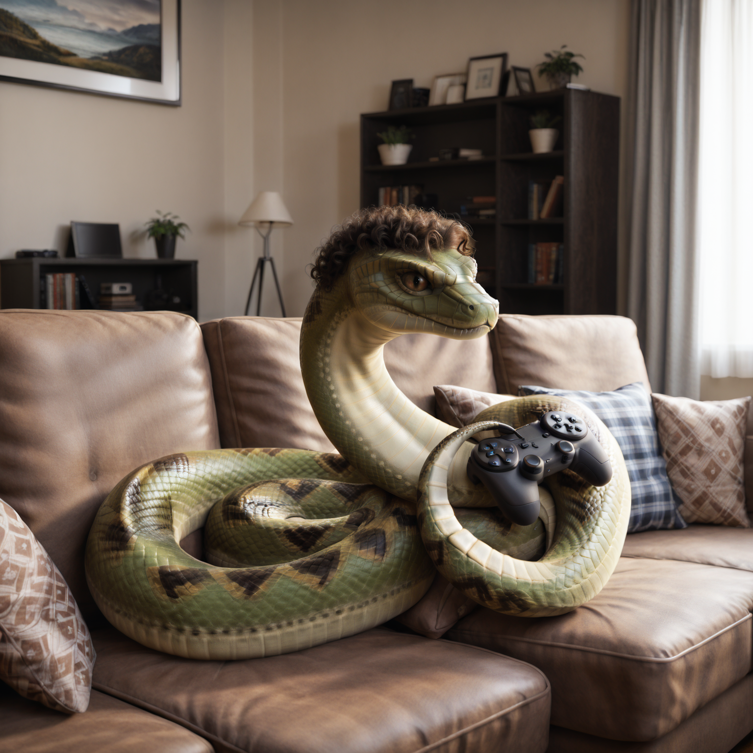 score_8_up, score_7_up, score_6_up, score_5_up, rating_safe, <lora:feral_snakes_v1:1>, (an annoyed male feral snake with clothes and curly brown hair holding a controller with his tail and playing videogames in a living room), feral, snake, clothed feral, scalie, reptile, scalie, python, ball python, (detailed background), living room, modern living room, (annoyed, annoyed expression), expressive, (male), solo, hi res, highly detailed, 8k, detailed scales, (detailed eyes, brown eyes), detailed, scales, <lora:add-detail-xl:1>, brown hair, short hair, curly hair, hair, light brown scales, dark green scales, photorealism, photorealistic, sofa, on sofa, armless, legless, remote, furniture, clothes, <lora:zy_Realism_Enhancer_v1:0.3>, <lora:RetouchPhoto_PonyV6_v3.1:0.5>, interior lighting, accessories, furgonomics, (prehensile tail), controller, gaming, playing video game, (holding with tail), jewelry, pink clothes