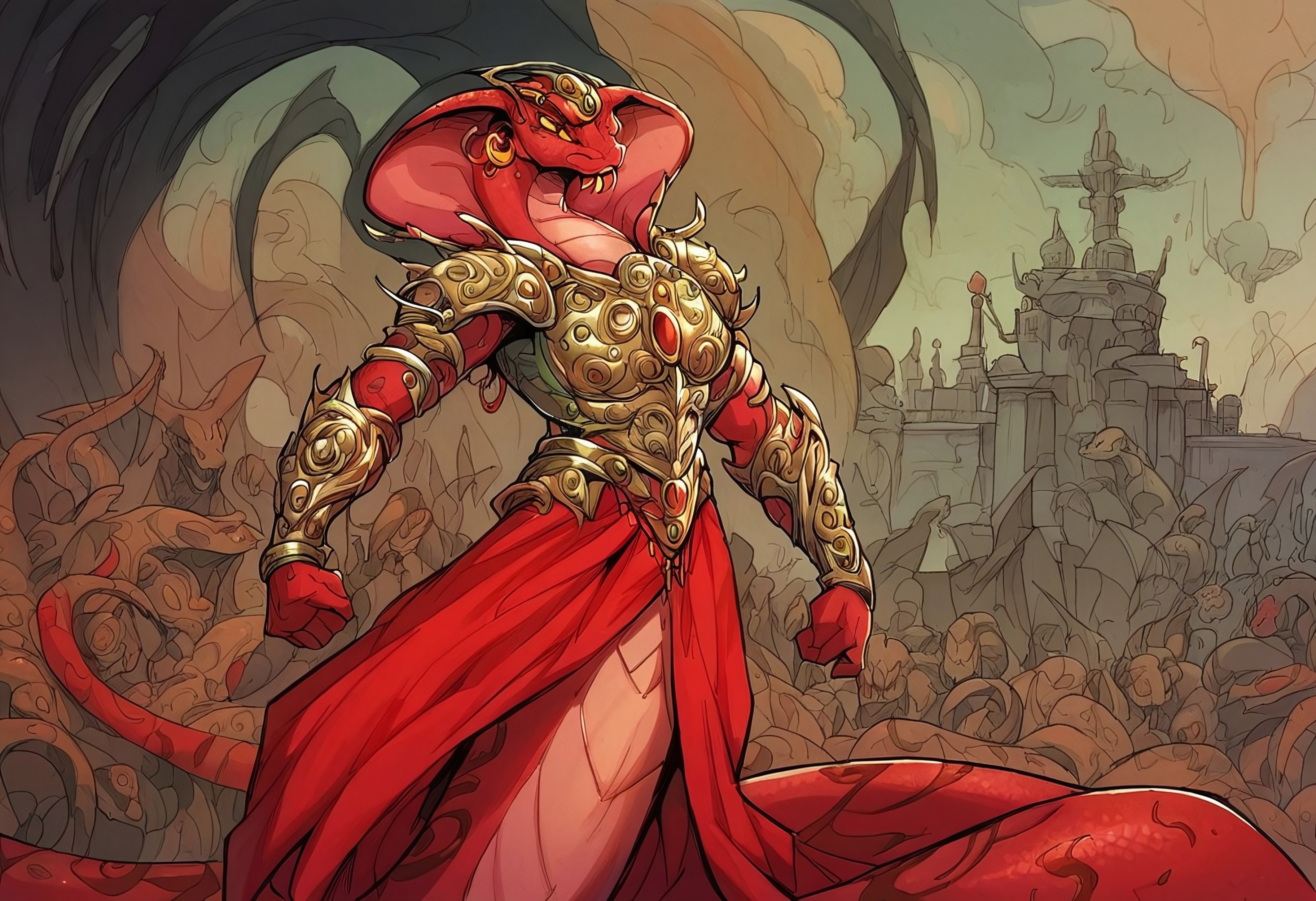 score_9, score_8_up, score_7_up, cel-shaded, 90s4n1m3, traditional media, anthropomorphic_snakes_(naga), DejahT_DG, as a snake, red skin and scales, ultra-detailed, elegant woman, golden metal and red cloth battle armor, full metallic outfit, ruby earrings, powerful and angry, background of a red Martian landscape of ancient crumbling towers