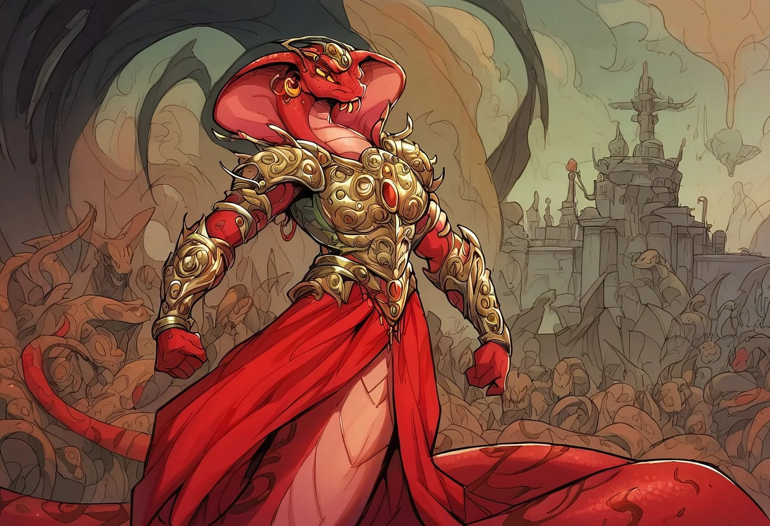 score_9, score_8_up, score_7_up, cel-shaded, 90s4n1m3, traditional media, anthropomorphic_snakes_(naga), DejahT_DG, as a snake, red skin and scales, ultra-detailed, elegant woman, golden metal and red cloth battle armor, full metallic outfit, ruby earrings, powerful and angry, background of a red Martian landscape of ancient crumbling towers