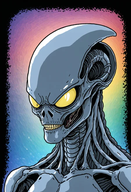Flat 2D Art, (MS portrait zoomer:1.4), close-up of alien xenomorph, detailed, raw, gritty, grainy texture, abstract geometric gradients, colorful background <lora:zoomer_v3:1>, simple flat color, 2-dimensional, Flat 2D Art Style