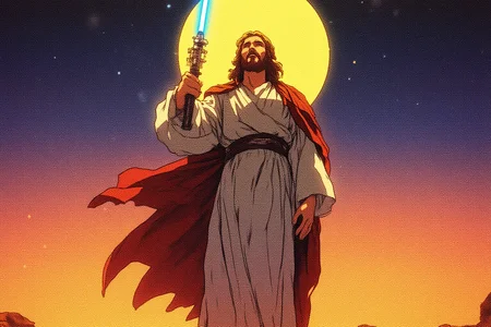 Jesus Christ as a jedi knight standing on a desert planet with a blue lightsaber in hand pointed toward the sky, yellow glowing halo around his head, digital drawing in a retro, sci-fi anime style