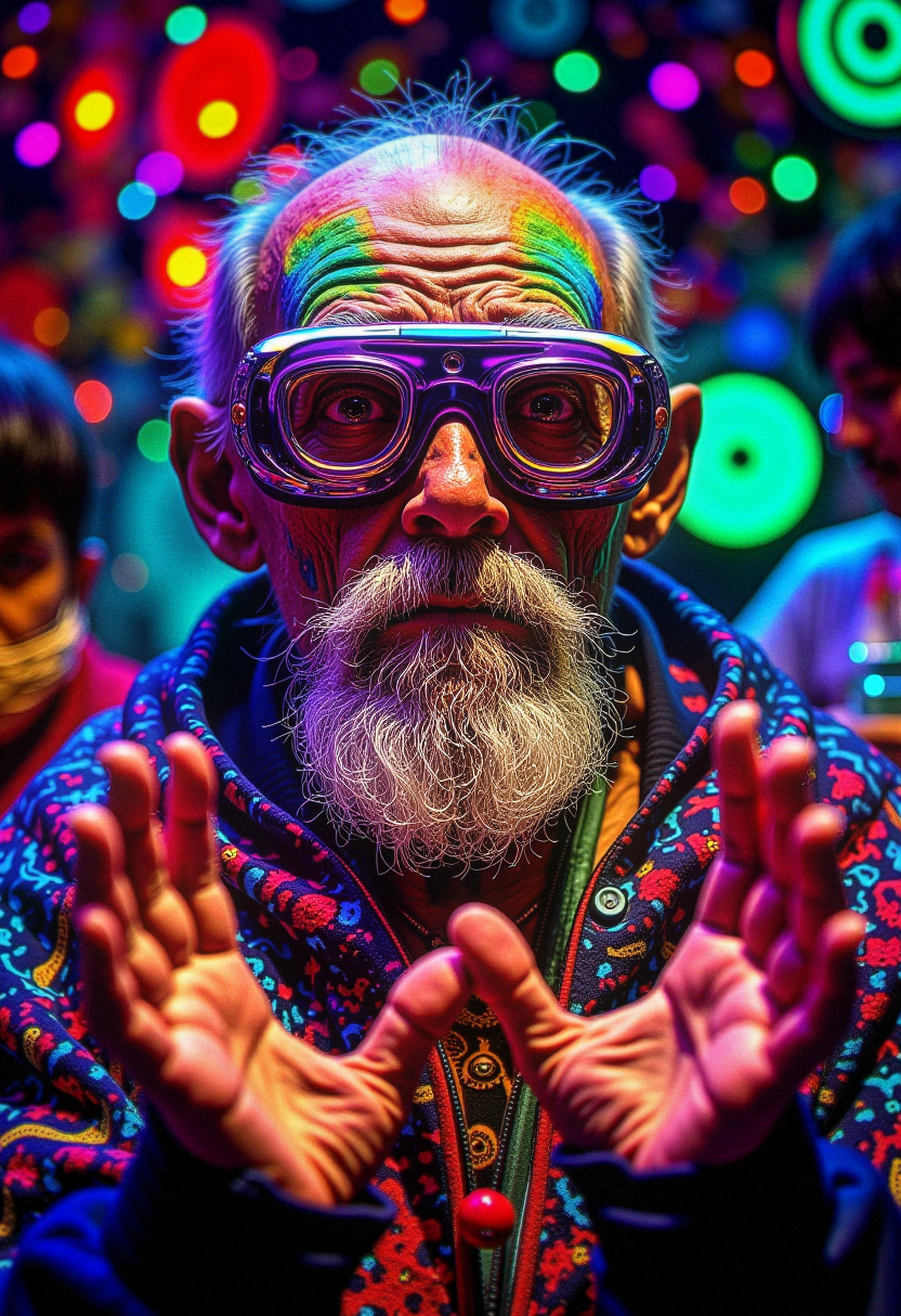 an old man with open hands, wearing cybernetics glasses, in a colorful Goa world, bo-psychedelic, psychedelic surrealism. , Kodak ultra max 800, <lora:Flux\boFLUX Psychedelic Surrealism v1.safetensors:1.0:1.0>