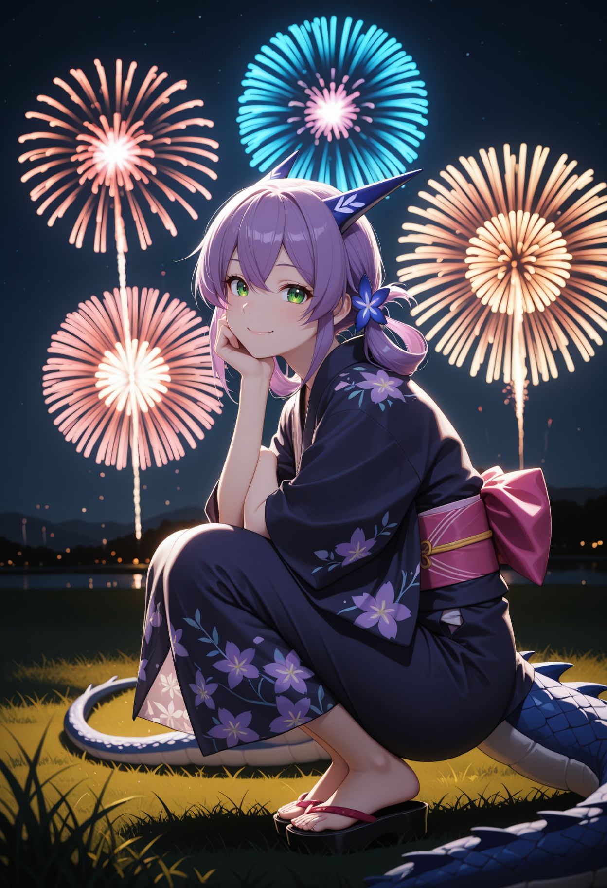 masterpiece,best quality,absurdres,highres,very aesthetic,high quality,detailed,insanely detailed,beautiful,perfect lighting, looking at viewer,
, <lora:Flatorte illu:0.9> 1girl, purple hair, long hair, green eyes, hair ornament, dragon girl, dragon tail,
night, grass, squatting, yukata, japanese clothes, floral print, from side, smile, looking at viewer, sandals, firework,