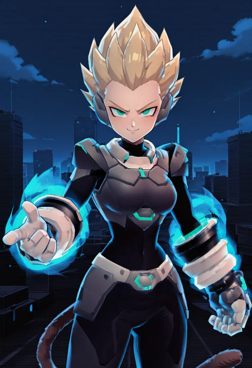 masterpiece, best quality, (zzCodeV, 1girl, big breasts, wide hips, bodysuit, neon trim, armor, black bodysuit, dynamic pose:1), night, stars, cyberpunk, city, looking at viewer, smug, big breasts, <lora:CodeVSnG_IXL:1.0>, dbzhyp3AAG, solo, blonde hair, gloves, closed mouth, green eyes, standing, tail, outdoors, sky, day, cloud, white gloves, armor, bodysuit, spiked hair, aura, super saiyan, monkey tail, saiyan armor, , , <lora:DragonballHype_IXL:0.5>, <lora:IckpotIXL_v1:0.5>,