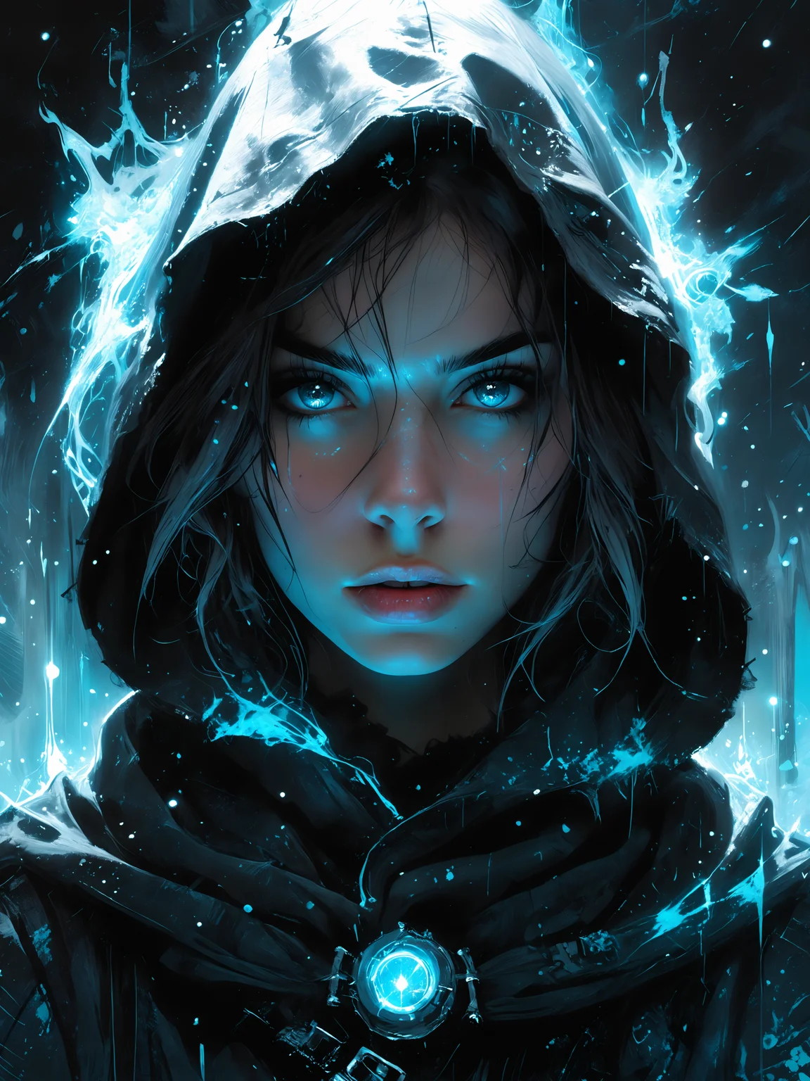 a portrait of a hooded young punk woman, set amidst white and sky-blue auroras, incorporating cosmic plasma markings that evoke a sense of Chemiluminescent Impressionism, (LOW-KEY:1.2) <lora:HellJourney_XL_V12024-08-01_09-12-39-save-2806-8-0:0.6> <lora:incase-ilff-v3-4:0.4> <lora:Fant5yP0ny:0.4> <lora:zavy-cntrst-sdxl:1.0>