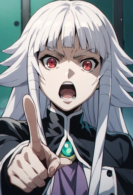 score_9,score_8_up,score_7_up,source_anime, Anri Hazeworth,1girl,solo,looking at viewer,open mouth,:o,parody,pointing,pointing at viewer,