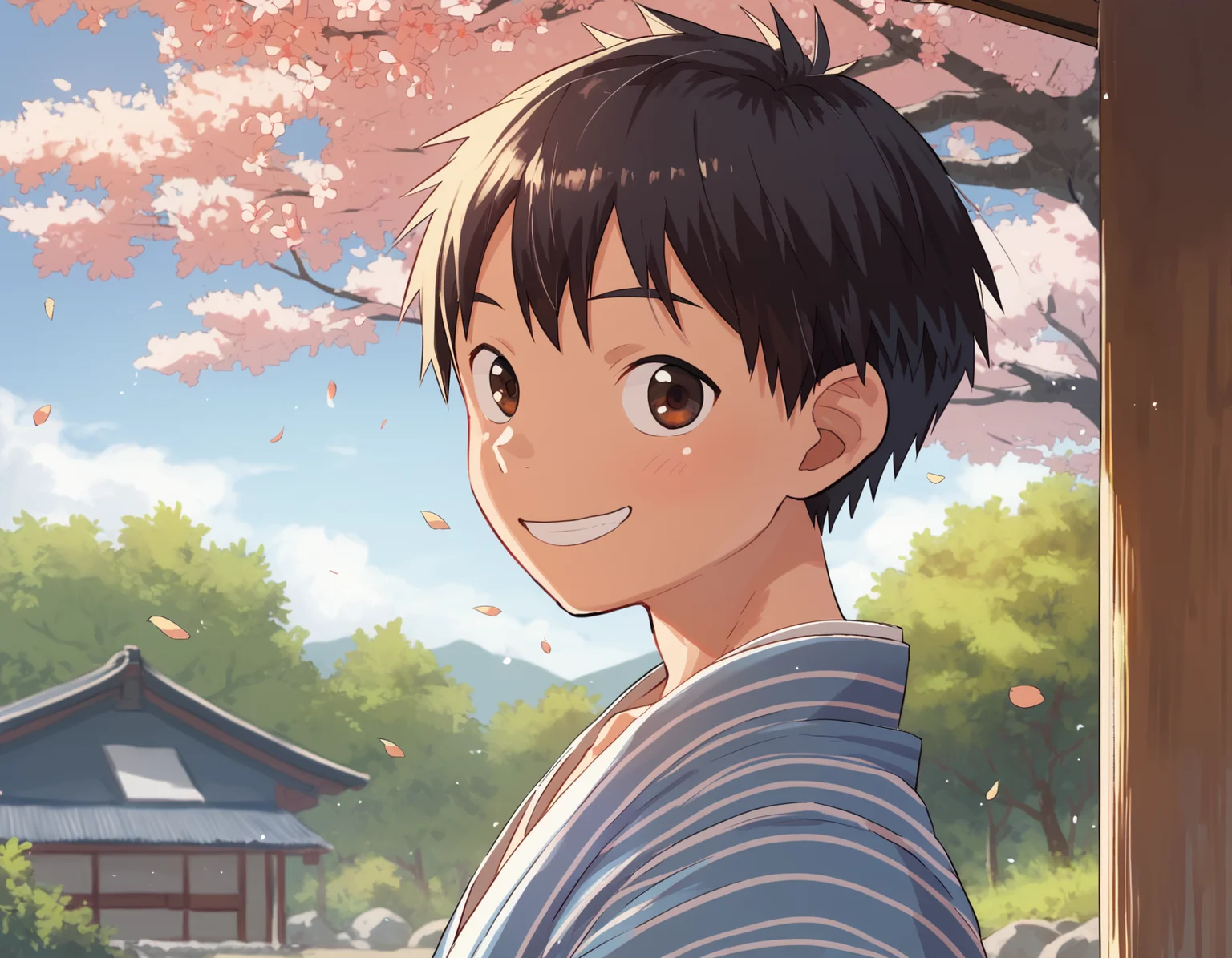 score_9, score_8_up, score_7_up, score_6_up, outdoors, spring, trees, sakura, from side, upper body, 1boy, solo, black hair, brown eyes, japanese clothes, yukata, smile, looking at viewer <lora:a6_AMXL_v1g-ShoAI:1>
