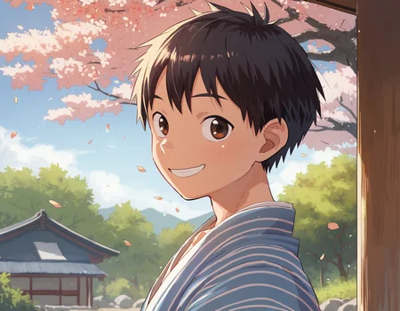 score_9, score_8_up, score_7_up, score_6_up, outdoors, spring, trees, sakura, from side, upper body, 1boy, solo, black hair, brown eyes, japanese clothes, yukata, smile, looking at viewer <lora:a6_AMXL_v1g-ShoAI:1>