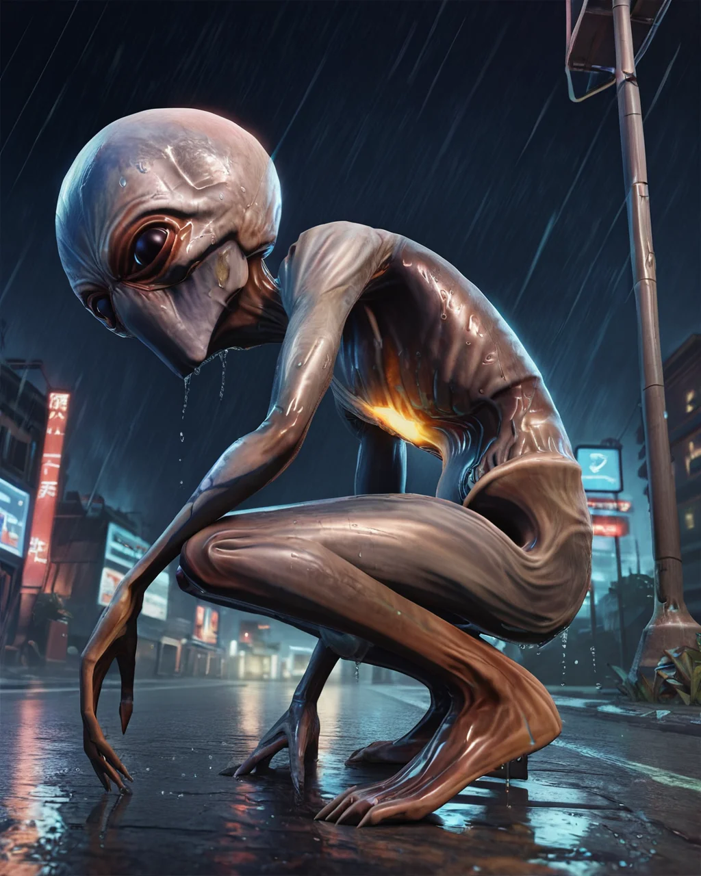 score_9, score_8_up, score_7_up, rating_questionable, intricately detailed, science fiction setting,
<lora:Sectoid_XCOM:1>,
1boy(Secto1d, large black eyes, side view, full body, squatting, wet, wet skin, looking at viewer, solo), low angle view, rain, wet street, wet, science fiction city, futuristic buildings, on a road, at night, darkness, rainfall, dark theme, high rises,
<lora:ral-chrosc-clr:0.5>, ral-chrosc-clr,
<lora:Expressive_H:0.5>, expessiveH,
<lora:xl_more_art-full_v1:0.3>,
<lora:add-detail-xl:0.3>