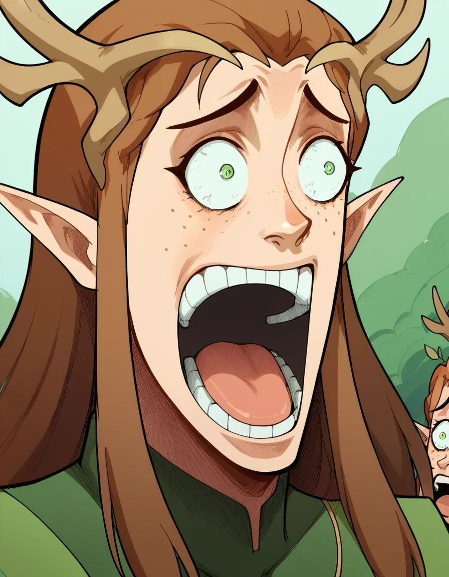 score_9, score_8_up, score_7_up, source_anime, <lora:keyleth-ponyxl-lora-nochekaiser:1>, keyleth, long hair, brown hair, green eyes, pointy ears, elf, antlers, freckles,, <lora:enel-face-ponyxl-lora-nochekaiser:1> enel face, open mouth, wide-eyed, teeth, tongue,, , dutch angle, cowboy shot