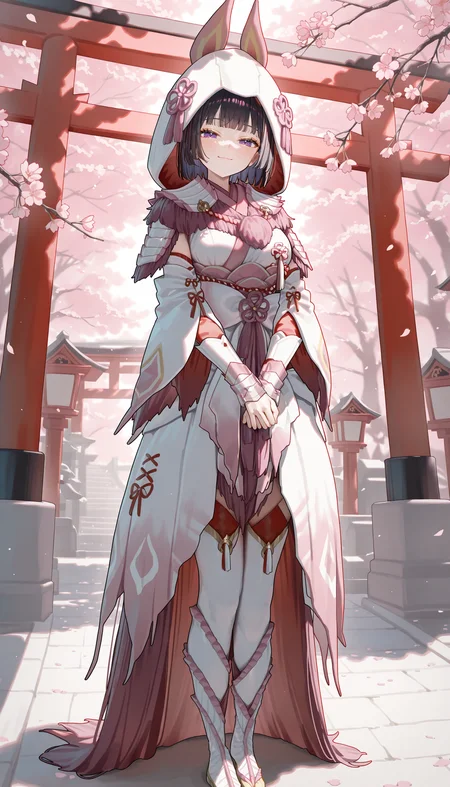 1girl, ningen mame, (parsley:0.8), standing, full body, v arms, detailed background, east asian architecture, cherry blossoms, torii, black hair, purple eyes, blunt bangs, medium breasts,mizutsune armor, white detached sleeves, white thighhighs, white wataboushi, yellow sandals, white kimono, looking at viewer, smile, closed mouth, half-closed eyes, masterpiece, best quality, newest, absurdres, highres, very awa, <lora:illustrious/character/Mizutsune Armor illuXL v1.safetensors:1.0>,
