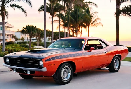 ClassicMuscleCar, gleaming Plymouth Barracuda, side view, scenic seaside cityscape sunset, palm trees, 4K, highly detailed, (((stylish grainy analog 35mm film photo)))