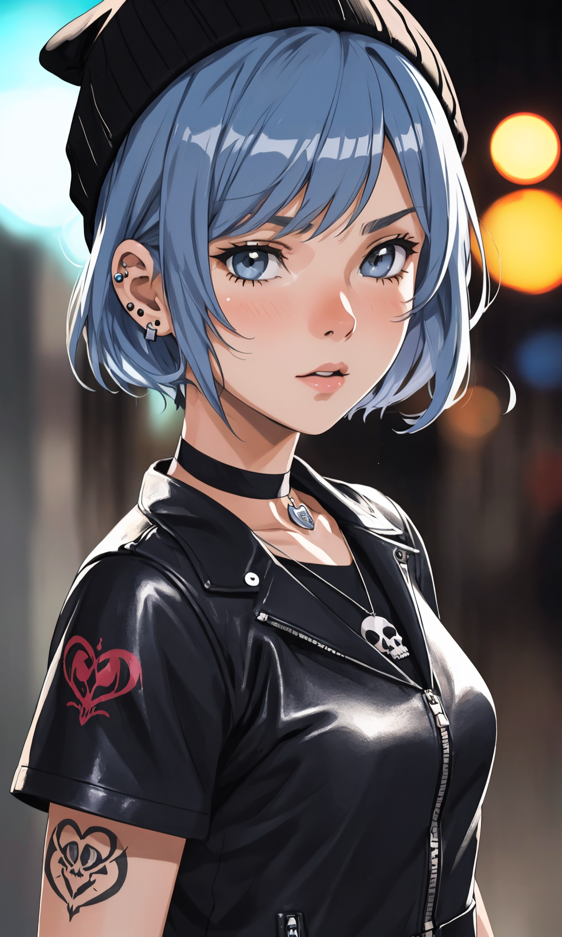 AnjelikaV2, (anime screencap:1.2), girl with blue hair styled in a short cut, wearing a gray knit beanie and black leather jacket, adorned with piercings, chokers, and skull-themed necklaces, intricate tattoos visible on her arms, background featuring urban lights and blurred figures, detailed lighting with a mix of soft and dramatic tones, focus on realistic skin textures and facial features, digital art, contemplative and intense expression, detailed clothing textures, high contrast