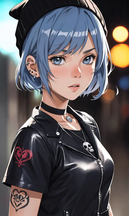 AnjelikaV2, (anime screencap:1.2), girl with blue hair styled in a short cut, wearing a gray knit beanie and black leather jacket, adorned with piercings, chokers, and skull-themed necklaces, intricate tattoos visible on her arms, background featuring urban lights and blurred figures, detailed lighting with a mix of soft and dramatic tones, focus on realistic skin textures and facial features, digital art, contemplative and intense expression, detailed clothing textures, high contrast