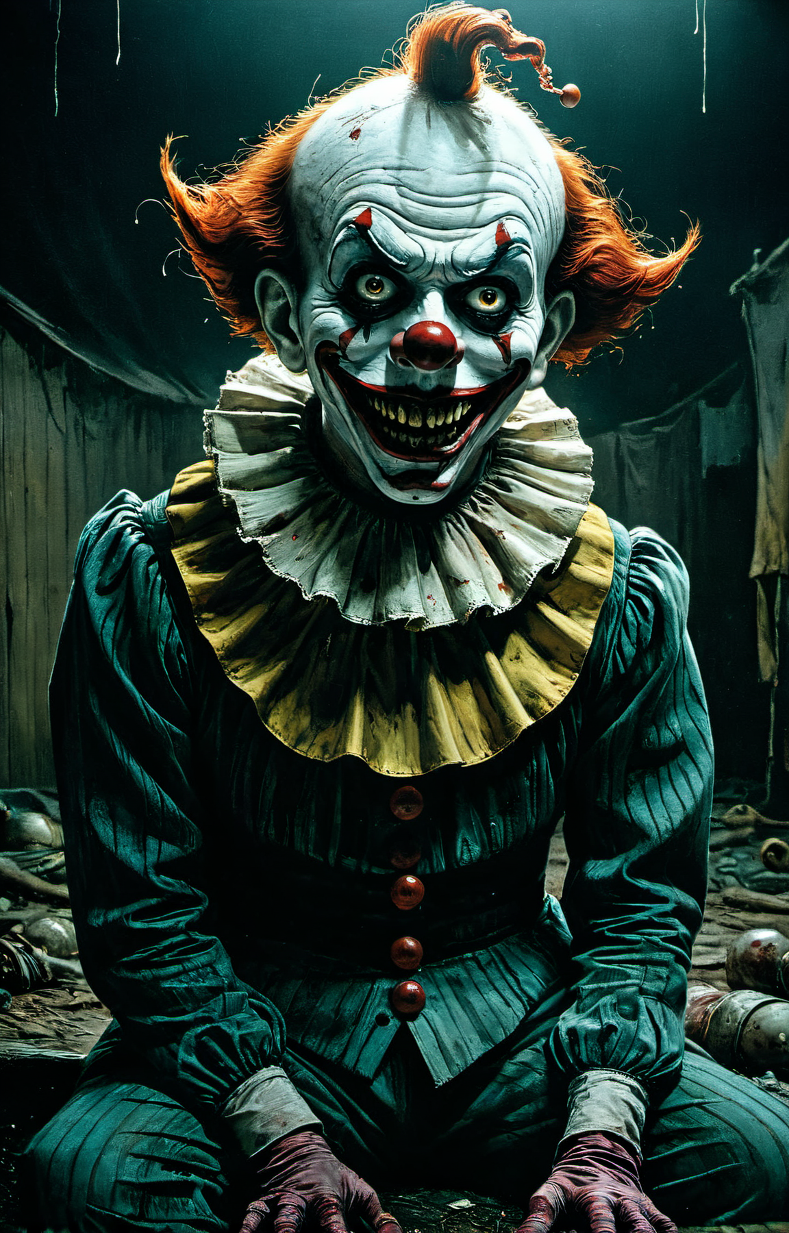 Horror-themed by peter de seve,(masterful but extremely beautiful:1.4),(masterpiece, best quality:1.4),in the style of nicola samori,Distorted,malevolent clowns,horror,macabre,circus of terror,twisted humor,creepy atmosphere,nightmarish visuals,surrealistic,eerie lighting,vibrant colors,highly detailed,by John Kenn Mortensen, Hyperrealistic art cinematic film still photography in the style of detailed hyperrealism photoshoot,RAW,color graded portra 400 film,remarkable color,realistic dull skin noise,Thorough,analog style,highest quality,skin pores,sharp focus,dappled lighting,film grain,photographed on a Sony A7R IV,18mm F/1.7 cine lens,(highly detailed, intricately detailed),8k,HDR,